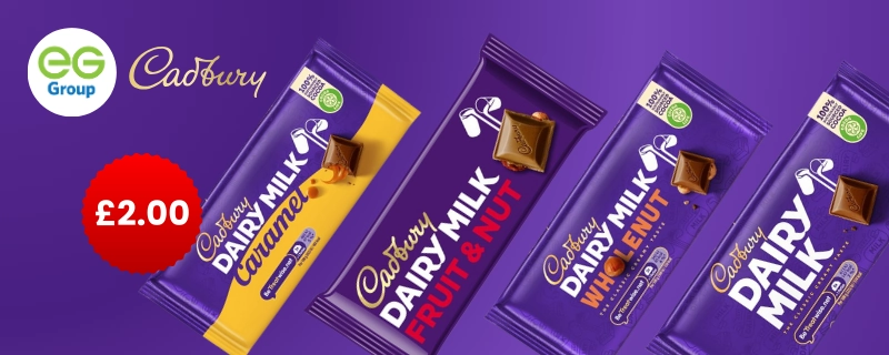 A NOUMI offer banner for Cadbury's bars at £2.00 each