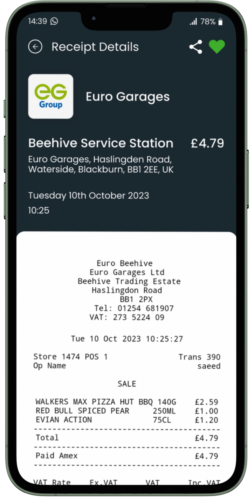 An e-receipt for EG Group collected using the NOUMI app with a summary of the transaction details and a digital copy of the receipt