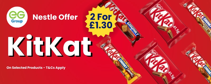 A NOUMI offer banner for KitKat with 2 for £1.30