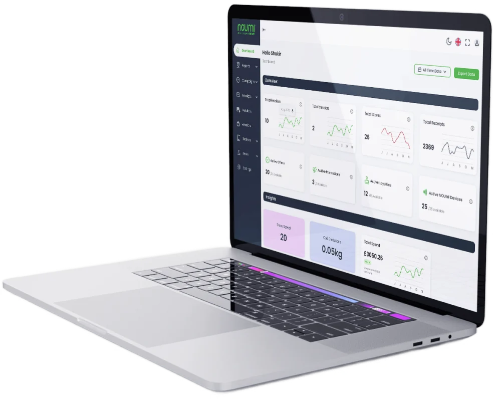 A laptop mockup with the NOUMI Admin Portal