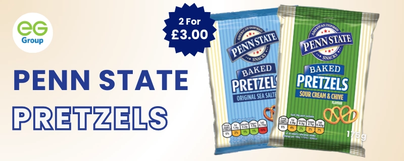 A NOUMI offer banner on Penn State pretzels at 2 for £3.00