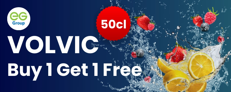 A NOUMI offer banner with a buy one get one free offer on 50cl volvic